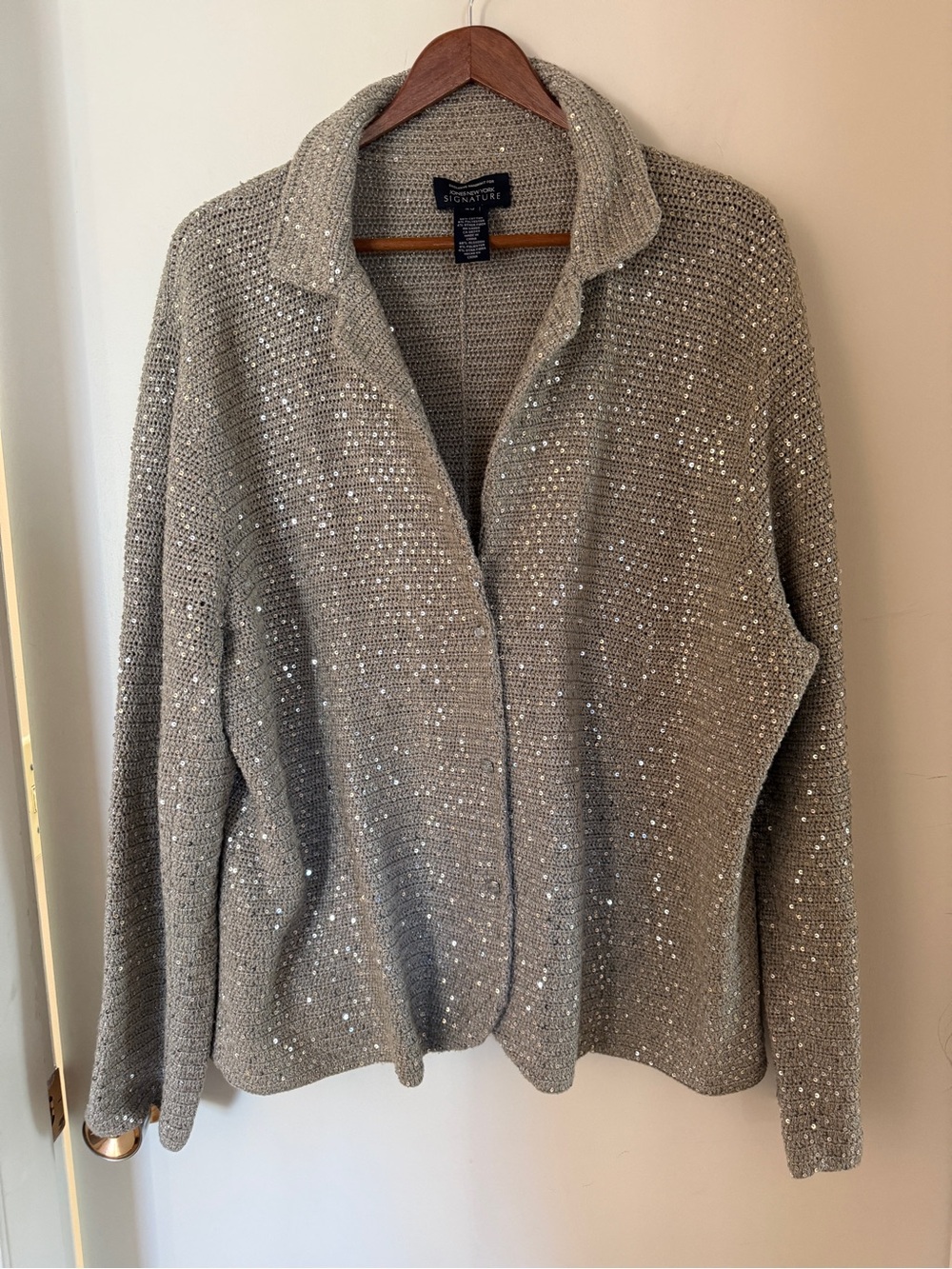 Jones New York Signature Sequin Knit Cardigan 2X Champagne Gold Open Front